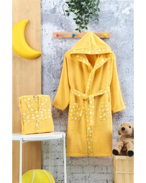 Çocuk Bornozu Kız Erkek Kapşonlu Bornoz Pamuklu SARI