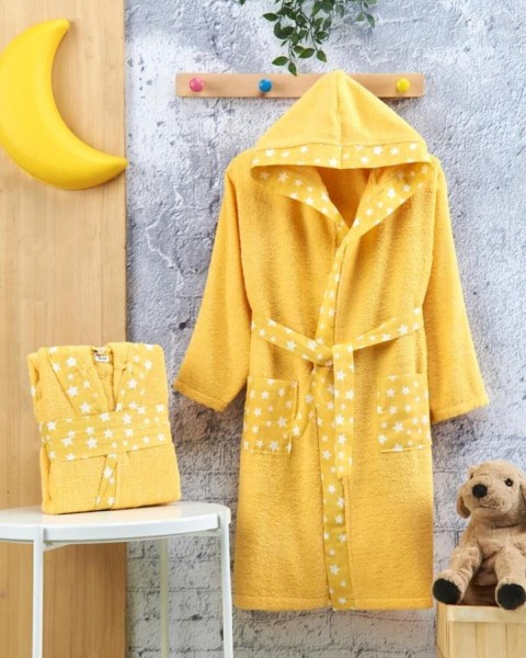 Çocuk Bornozu Kız Erkek Kapşonlu Bornoz Pamuklu  Unisex SARI