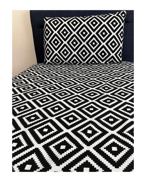 Fitted Lastikli Çarşaf Takımı (YASTIKLI) Tek Kişilik Çift Kişilik Black White Geometrik Desen 100 x 200 100 x 200  baklava siyah