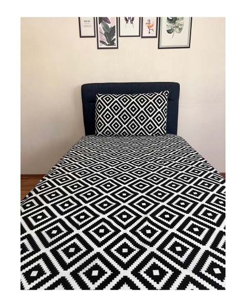 Fitted Lastikli Çarşaf Takımı (YASTIKLI) Tek Kişilik Çift Kişilik Black White Geometrik Desen 100 x 200 baklava siyah 100 x 200