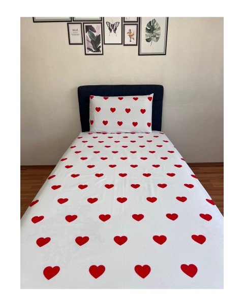 Fitted Lastikli Çarşaf Takımı (YASTIKLI) Tek Kişilik Çift Kişilk Kalpli Kırmızı 100 x 200 100 x 200  kırmızıkalpli