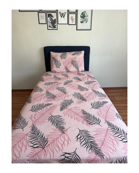Tek Kişilik Lastikli Çarşaf Takımı Kapaklı Yastık Kılıfı Pembe Siyah Tüy Desen 100 x 200 100 x 200  pembetüy