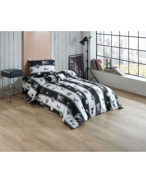 TEK KİŞİLİK NEVRESİM TAKIMI ÇARŞAFI LASTİKLİ YASTIĞI KAPAKLI  Siyahbeyaz 160 x 230