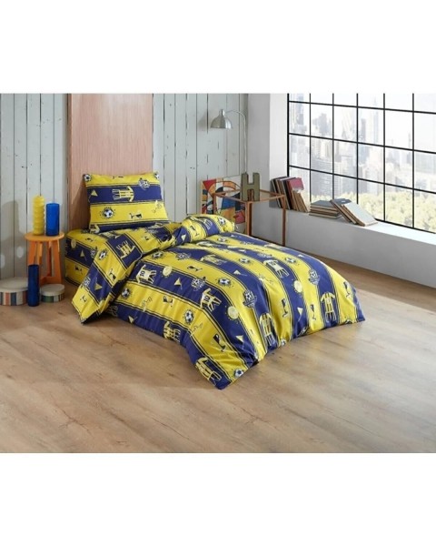 Tek Kişilik Taraftar Nevresim Takımı, 90*190 Lastikli Çarşaflı  155 x 215  Sarı Lacivert