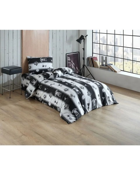 Tek Kişilik Taraftar Nevresim Takımı, 90*190 Lastikli Çarşaflı  155 x 215  Siyah beyaz