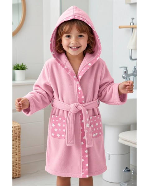 Çocuk Bornozu Kız Erkek Kapşonlu Bornoz %100 Pamuklu pudra