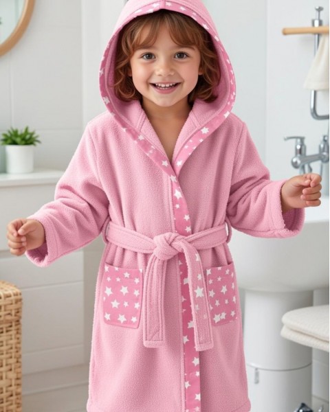 Çocuk Bornozu Kız Erkek Kapşonlu Bornoz %100 Pamuklu pudra